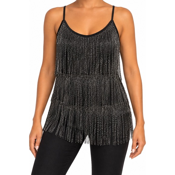 Unbranded Tops - Black Silver Metallic Tiered Fringe Cami Tank Top Small Flapper Dance Party Sm